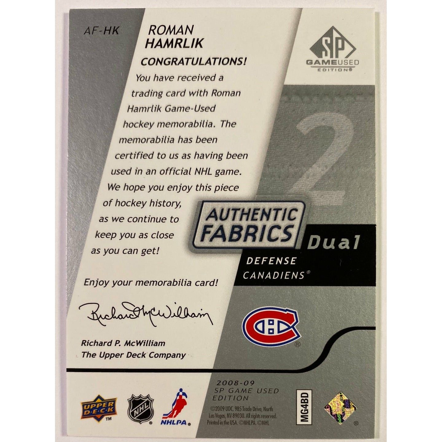 2008-09 SP Game Used Roman Hamrlik Authentic Fabrics