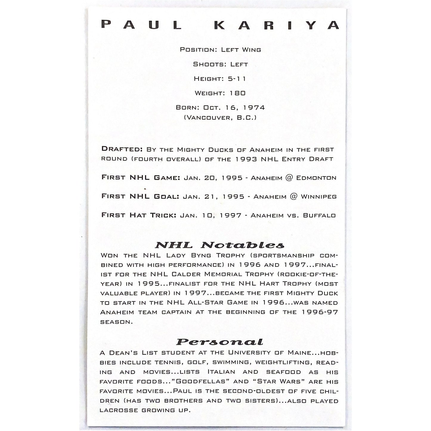  Signed Paul Kariya Photograph Card 5.5”x8.5” - Info on Back  Local Legends Cards & Collectibles