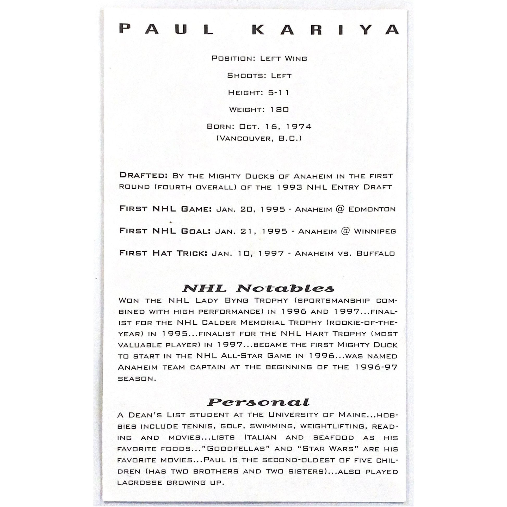  Signed Paul Kariya Photograph Card 5.5”x8.5” - Info on Back  Local Legends Cards & Collectibles