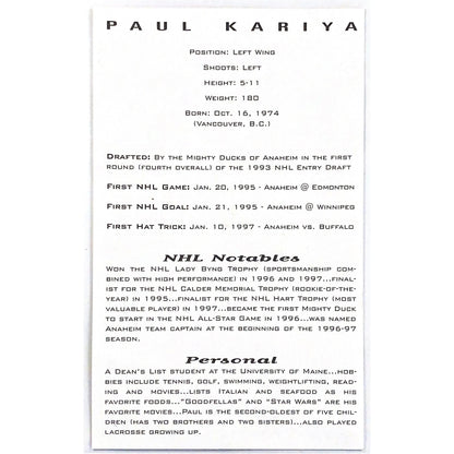  Signed Paul Kariya Photograph Card 5.5”x8.5” - Info on Back  Local Legends Cards & Collectibles