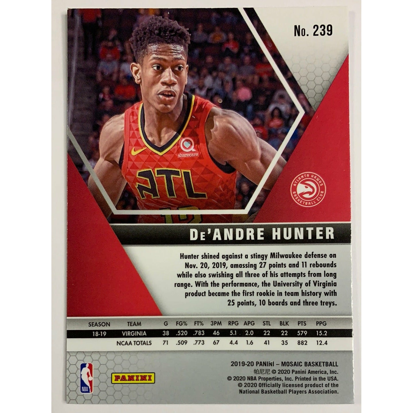 2019-20 Mosaic De’Andre Hunter Rookie Card