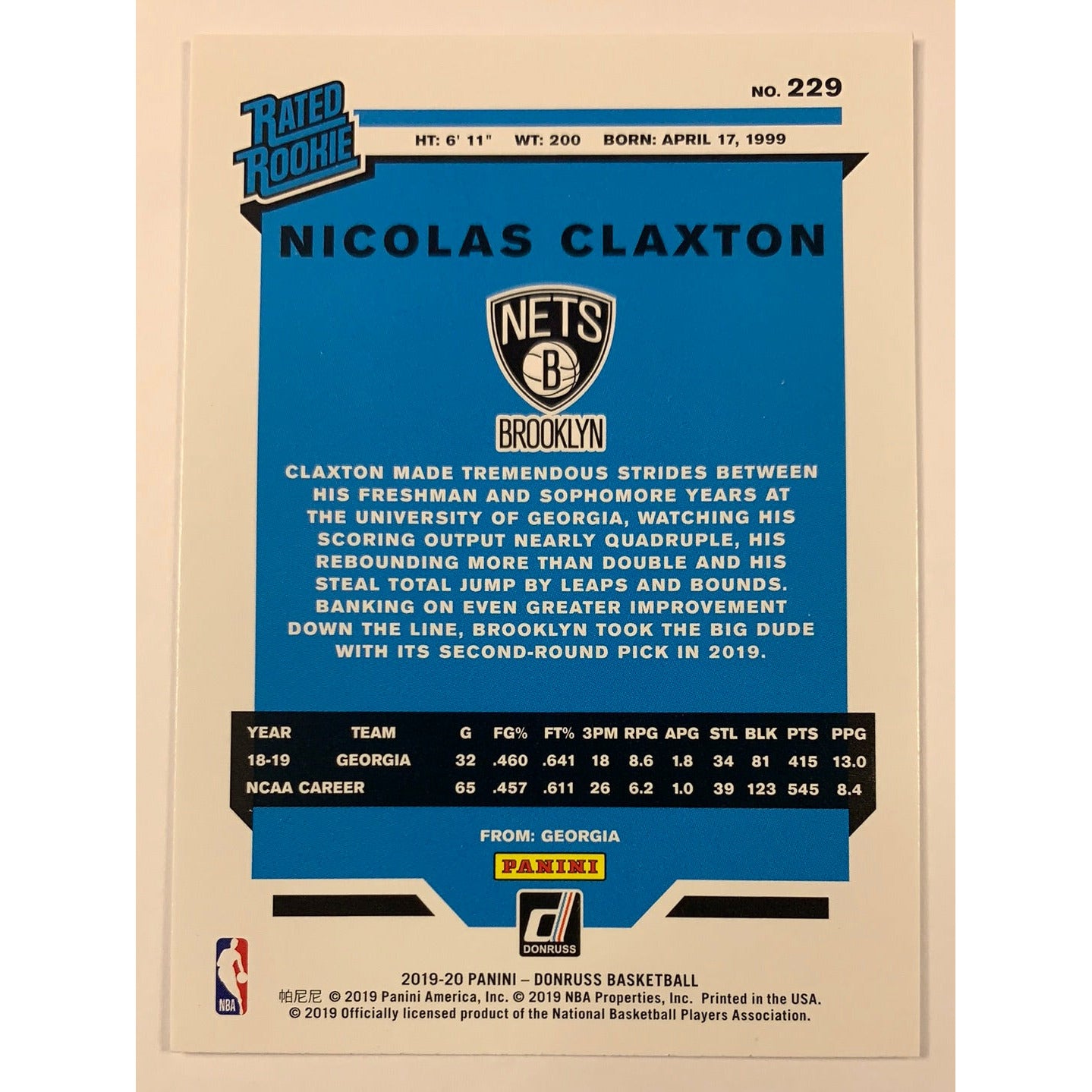 2019-20 Donruss Nicolas Claxton Rated Rookie