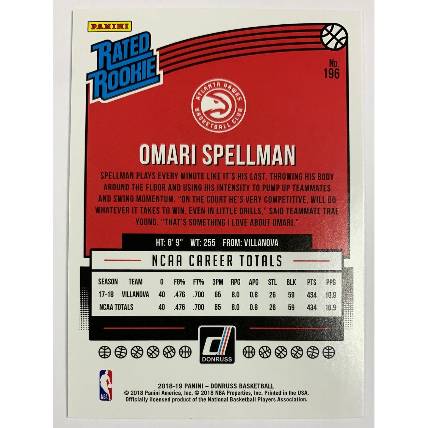 2018-19 Donruss Omari Spellman Rated Rookie
