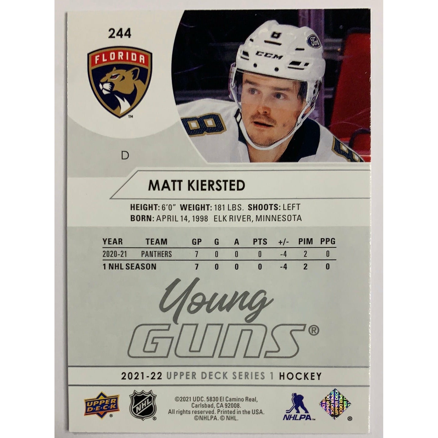 2021-22 Upper Deck Series 1 Matt Kiersted Young Guns