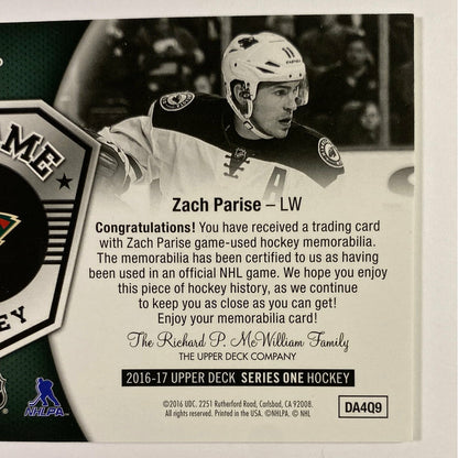 2016-17 Upper Deck Series 1 Zach Parise UD Game Jersey