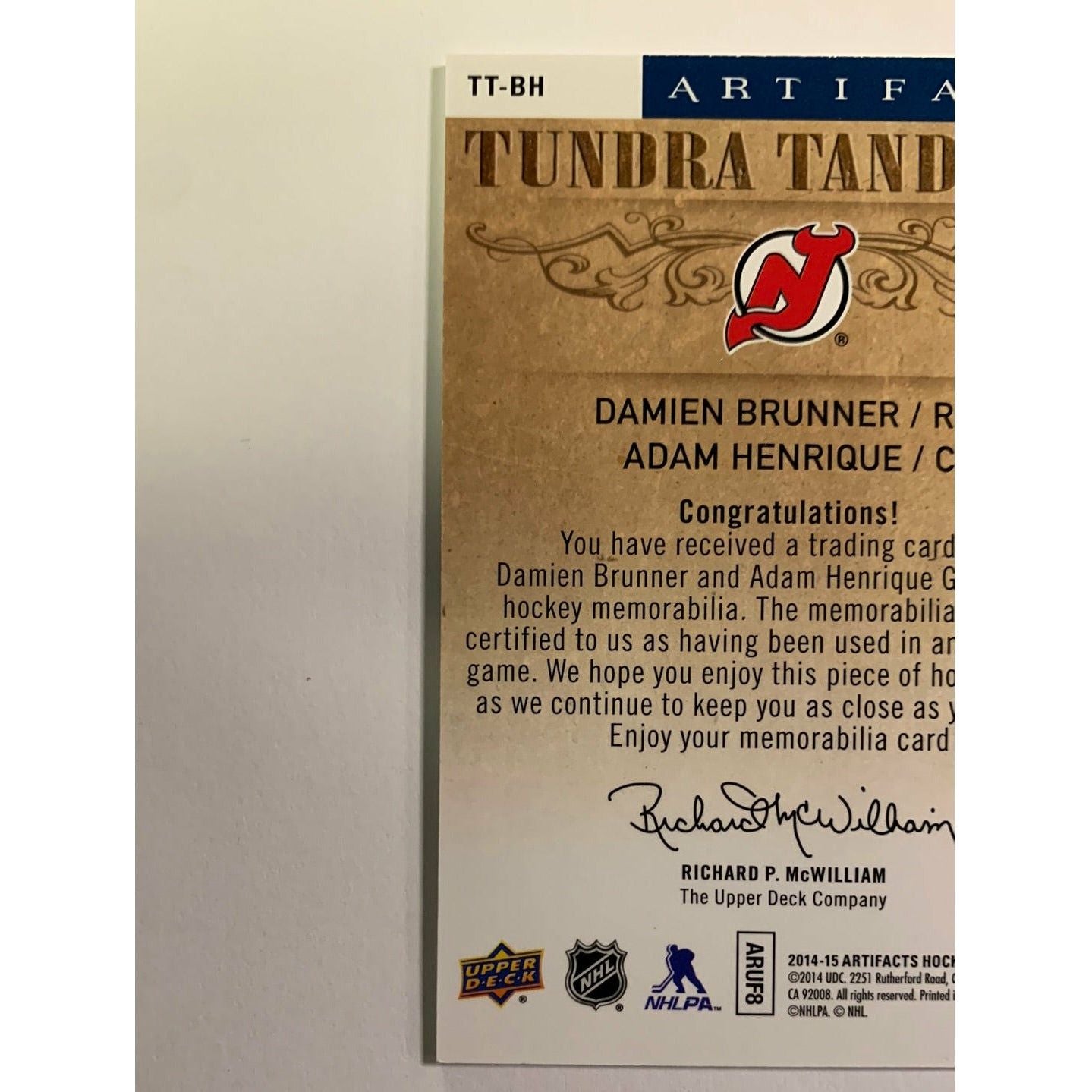 2014-15 Artifacts Damien Brunner Adam Henrique Tundra Tandems Dual Jersey