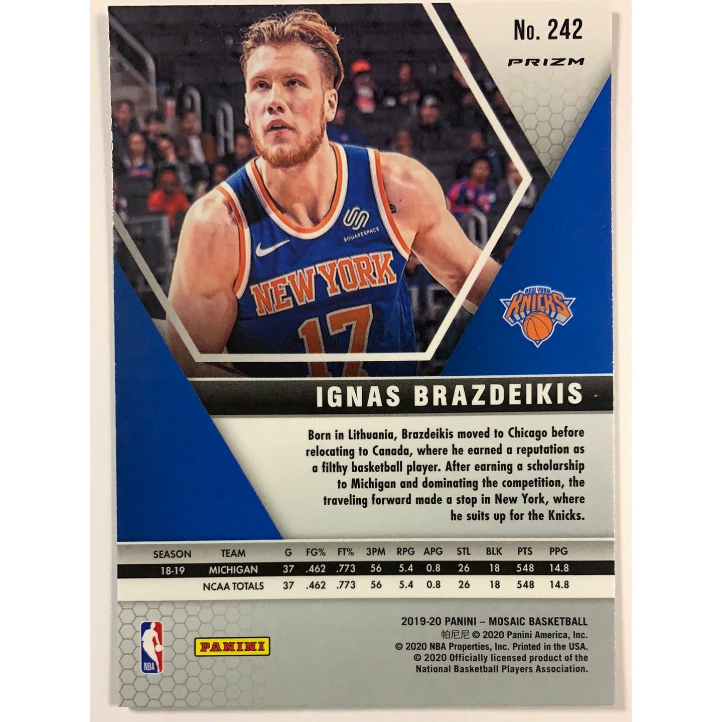 2019-20 Mosaic Ignas Brazdeikis Blue Reactive Prizm