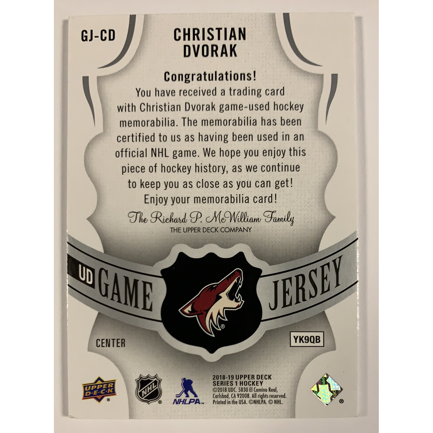  2018-19 Upper Deck Christian Dvorak Game Jersey  Local Legends Cards & Collectibles