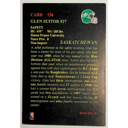 1991 CFL JOGO Glen Suitor #136