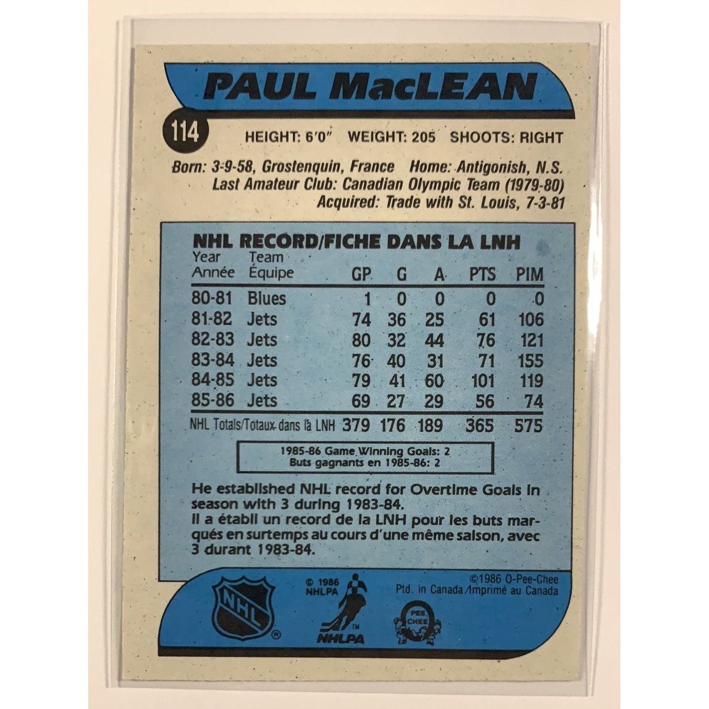  1986-87 O-Pee-Chee Paul Maclean base #114  Local Legends Cards & Collectibles