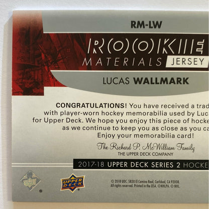 2017-18 Upper Deck Series 2 Lucas Wallmark Rookie Materials