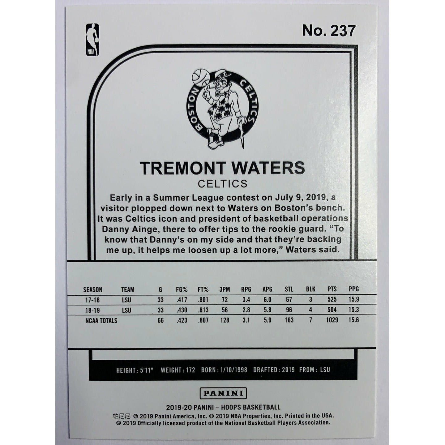 2019-20 Hoops Tremont Waters RC-Local Legends Cards & Collectibles