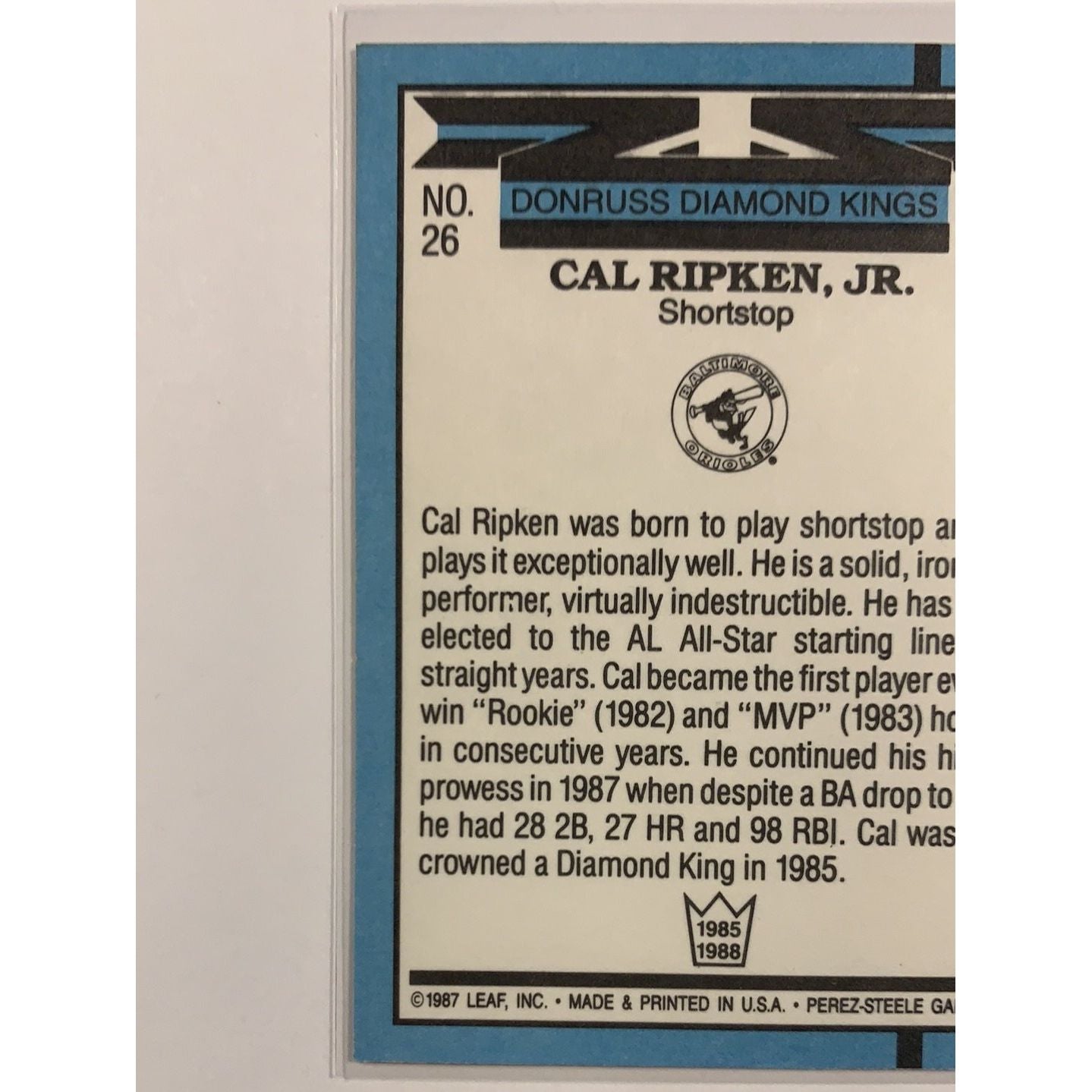  1987 Leaf Donruss Cal Ripkin Jr Donruss Diamond Kings  Local Legends Cards & Collectibles