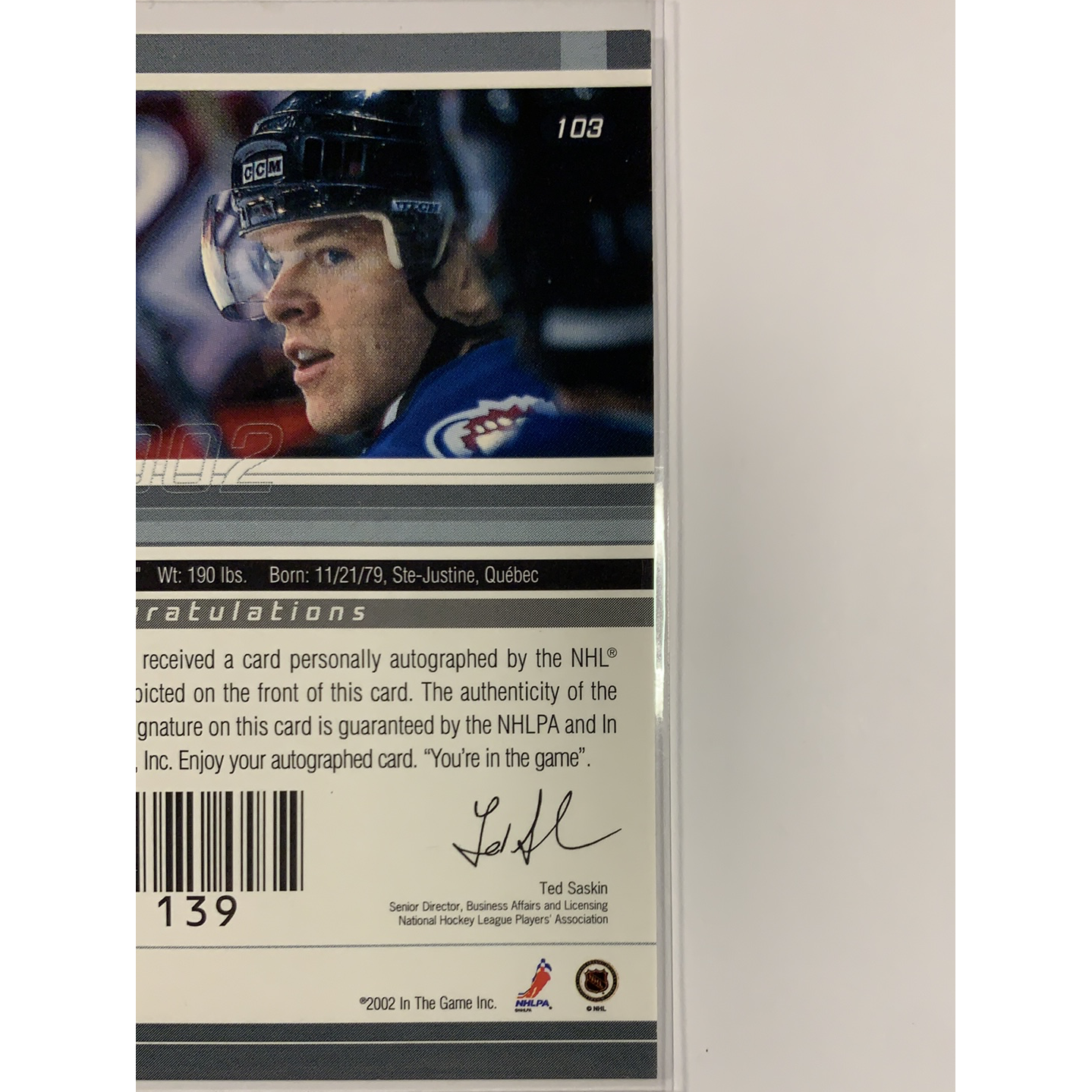  2002-03 In The Game Alex Tanguay Signature Series  Local Legends Cards & Collectibles