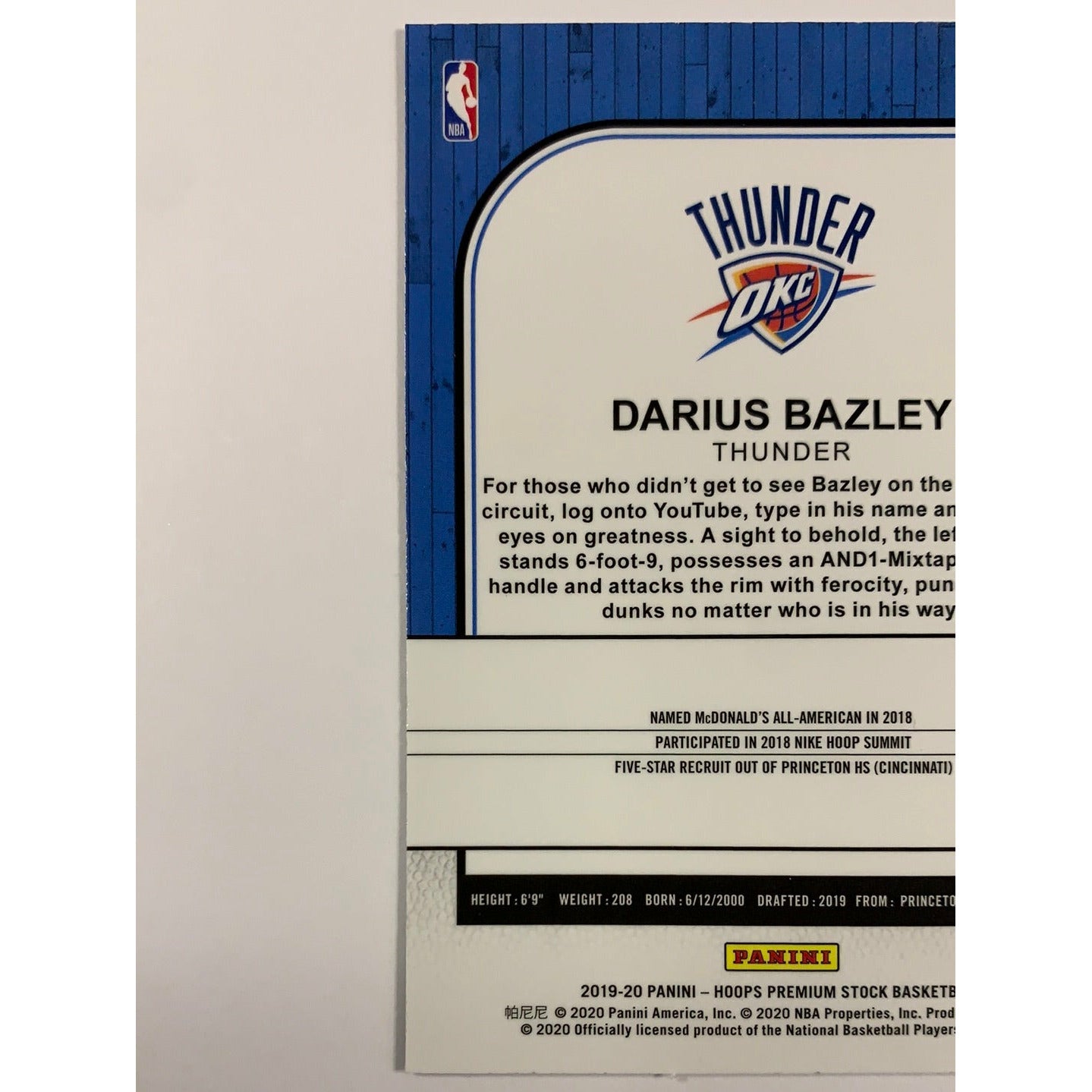 2019-20 Hoops Premium Stock Darius Bazley RC