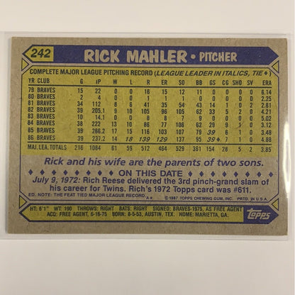  1987 Topps Rick Mahler #242  Local Legends Cards & Collectibles