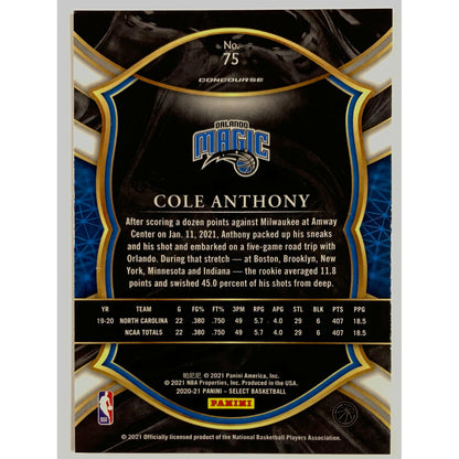 2020-21 Select Cole Anthony Blue Concourse Level RC