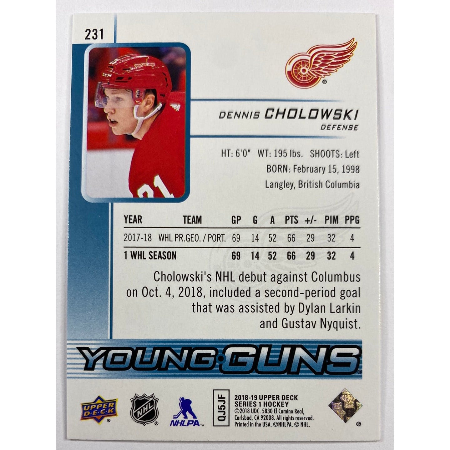 2018-19 Upper Deck Series 1 Dennis Cholowski Young Guns