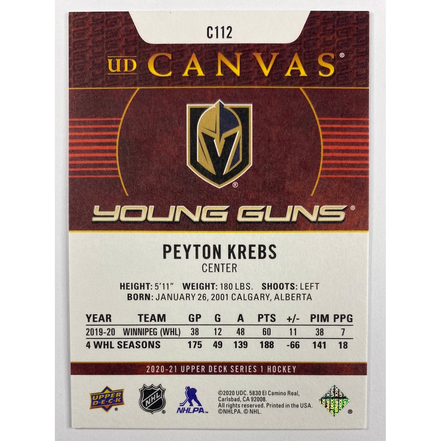 2020-21 Upper Deck Series 1 Peyton Krebs Young Guns UD Canvas