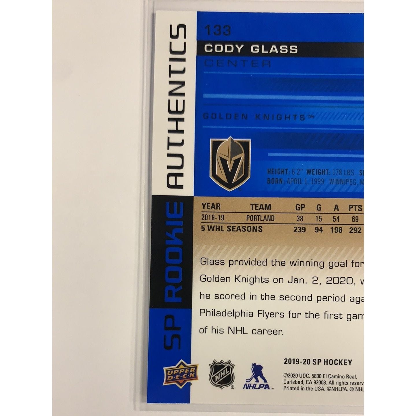  2019-20 SP Cody Glass Rookie Authentics  Local Legends Cards & Collectibles