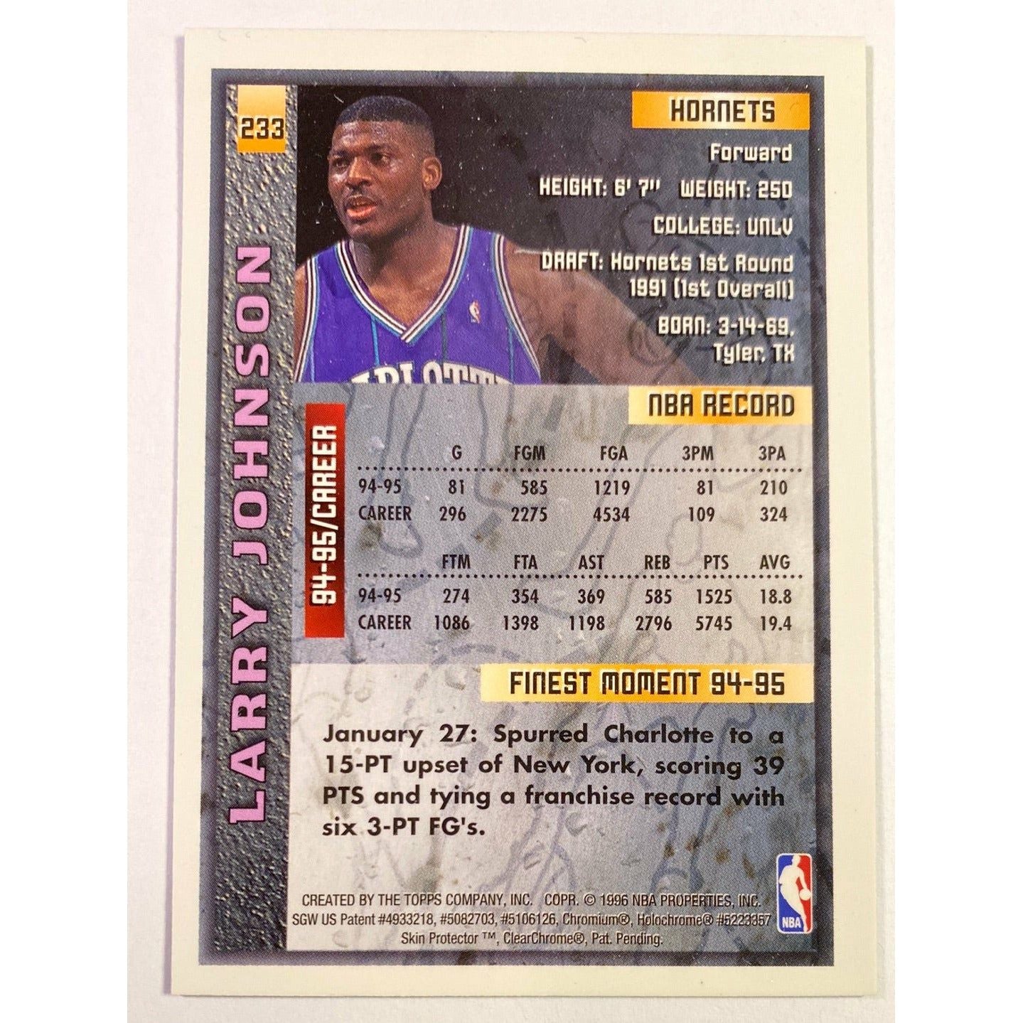 1995-96 Topps Finest Larry Johnson Blue Skin Protecter Unpeeled