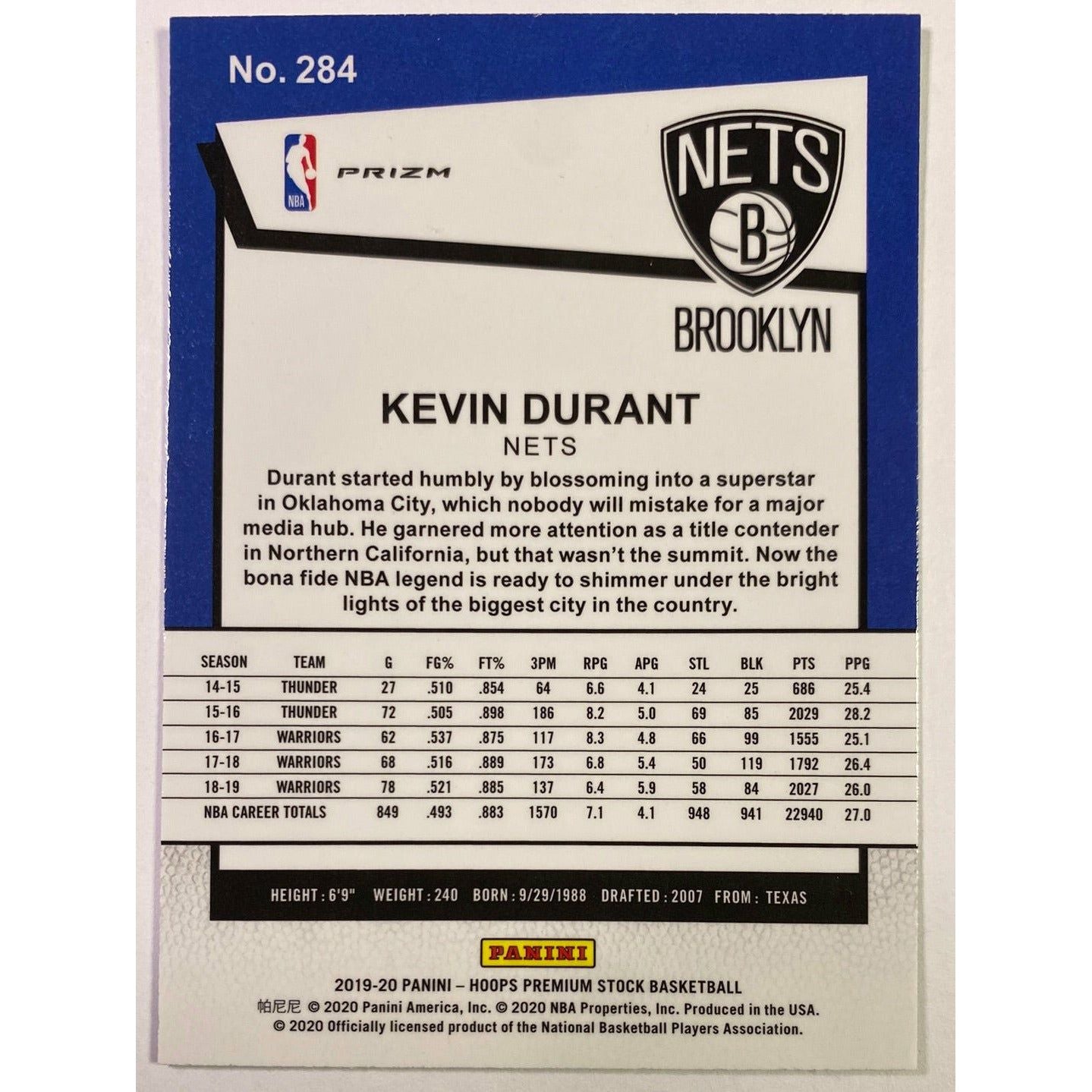 2019-20 Hoops Premium Stock Kevin Durant Purple Disco Prizm