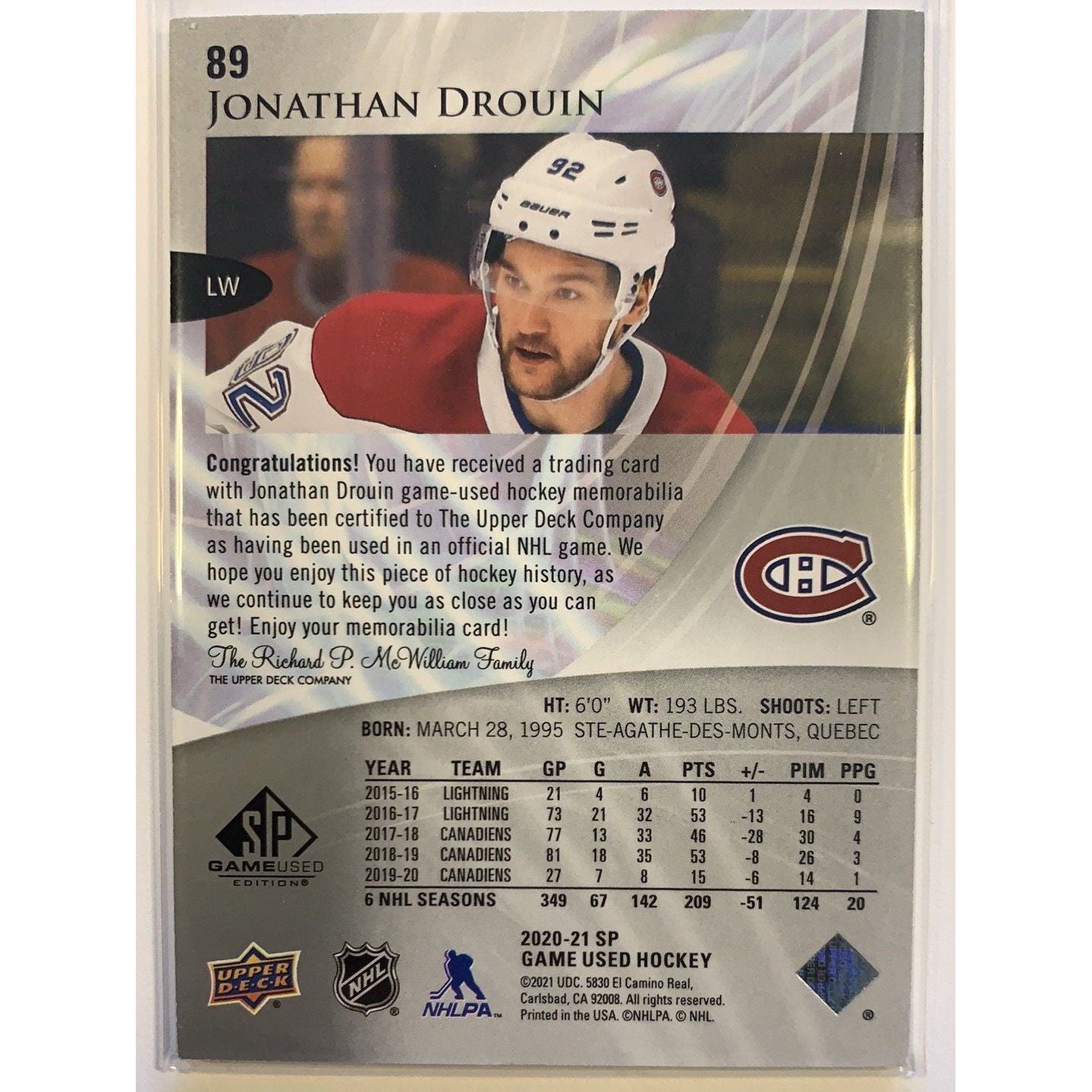  2020-21 SP Game Used Editions Jonathan Drouin Jersey Patch  Local Legends Cards & Collectibles