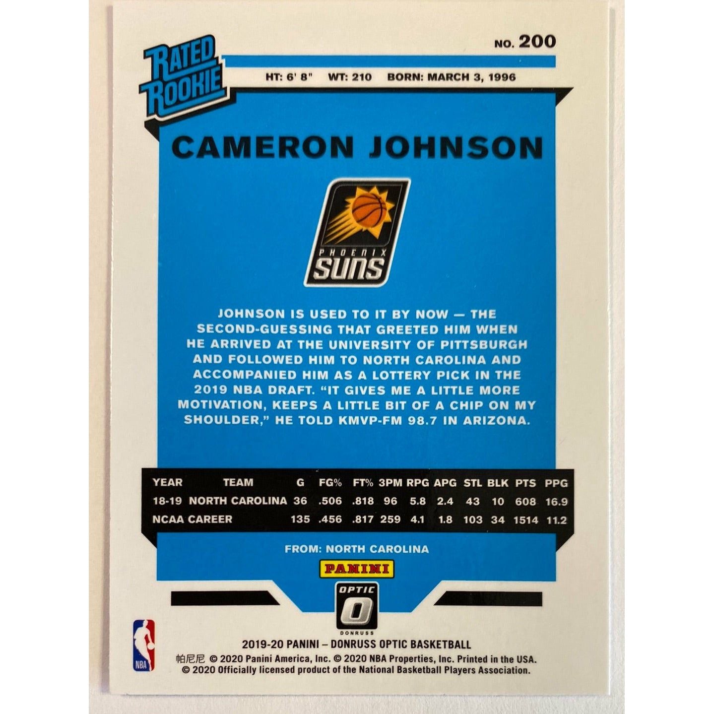 2019-20 Donruss Optic Cameron Johnson Rated Rookie