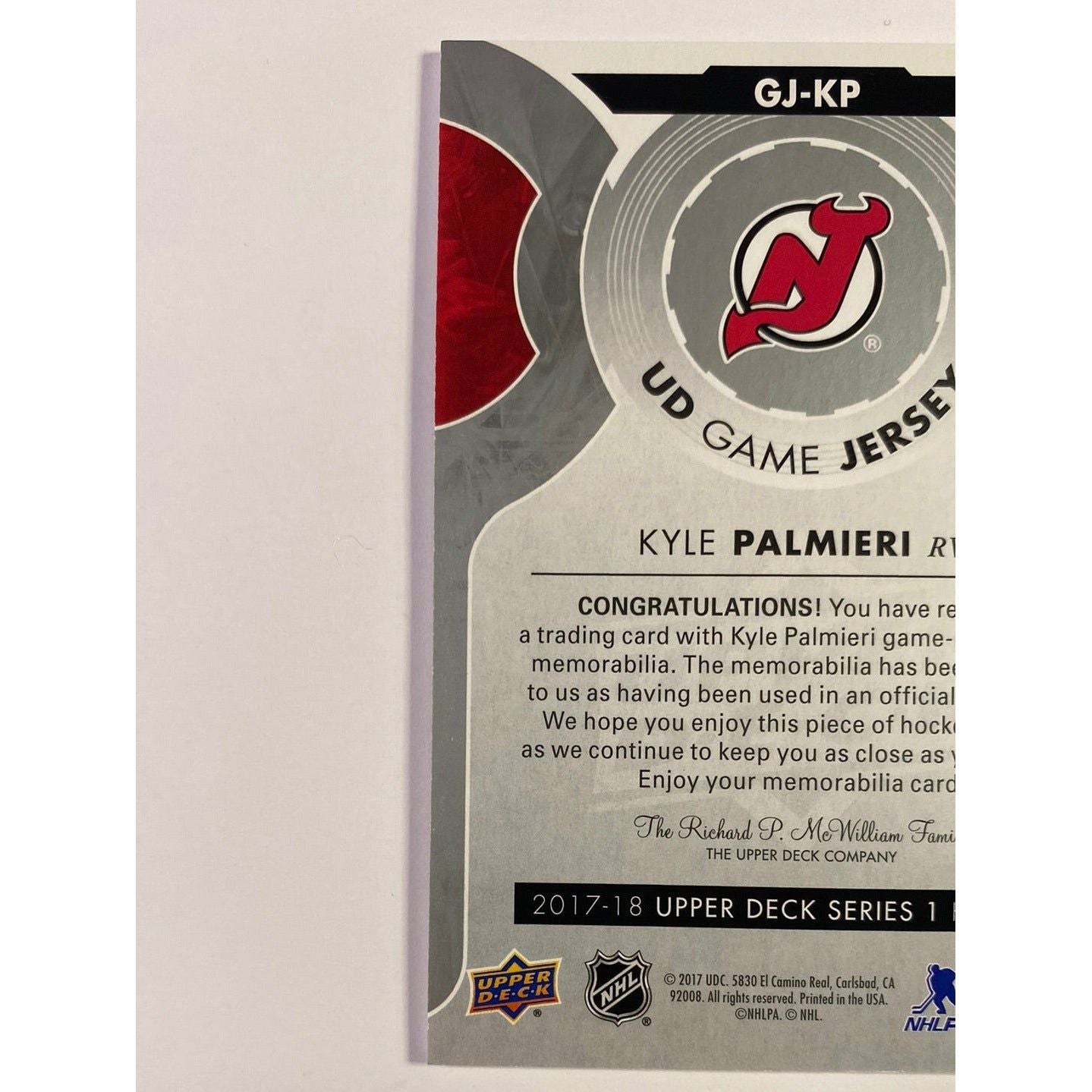 2017-18 Upper Deck Series 1 Kyle Palmieri UD Game Jersey