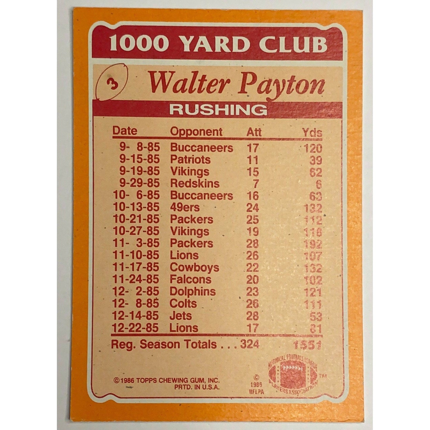1986 Topps Walter Payton 1000 Yard Club #3