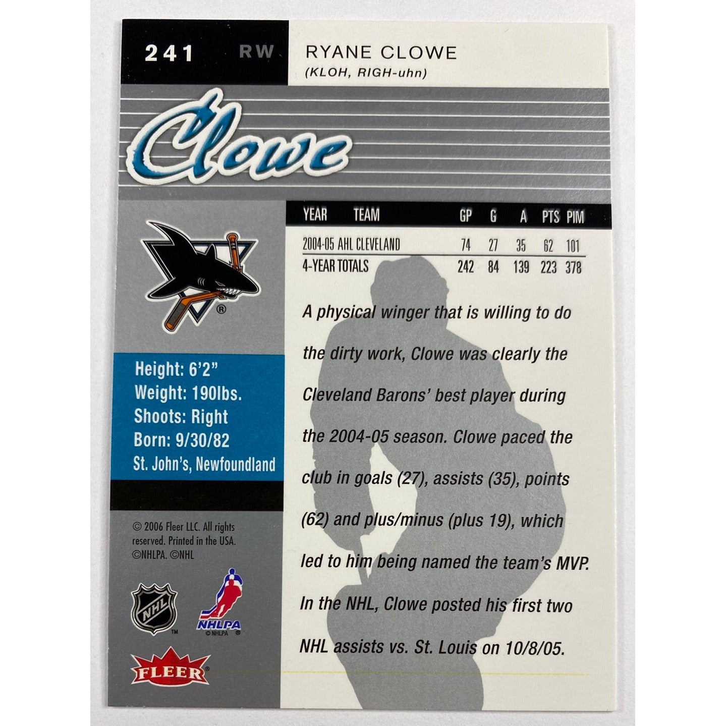 2005-06 Fleer Ultra Ryane Clowe RC