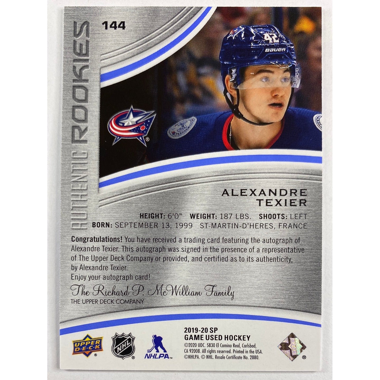 2019-20 SP Game Used Alexander Texier Authentic Rookies Auto