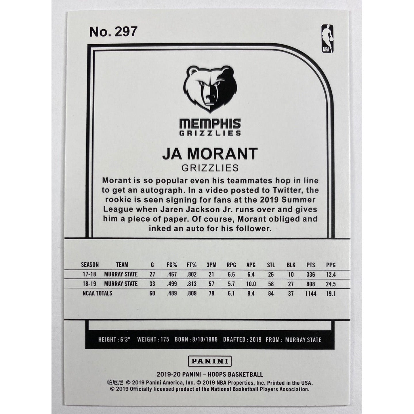 2019-20 Hoops Ja Morant Tribute RC