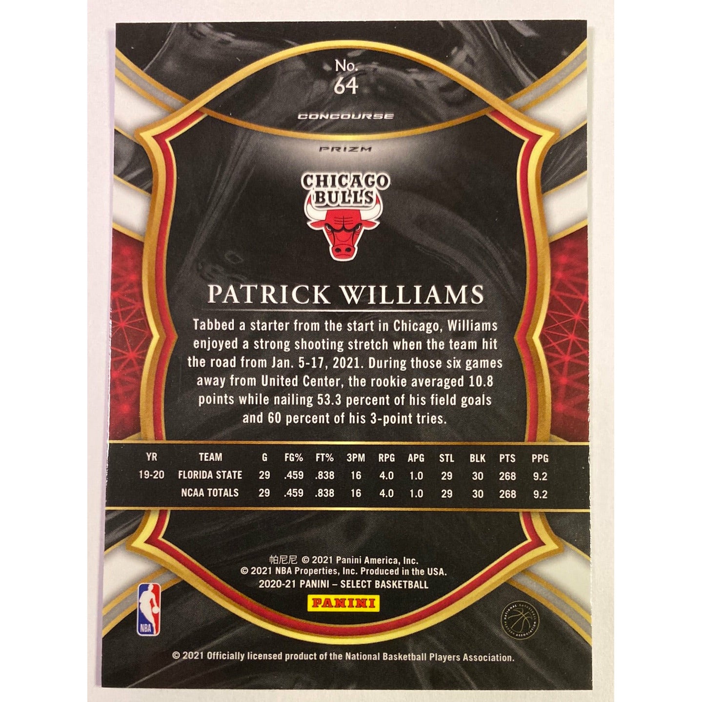 2020-21 Select Patrick Williams Concourse Level Blue Prizm SP RC