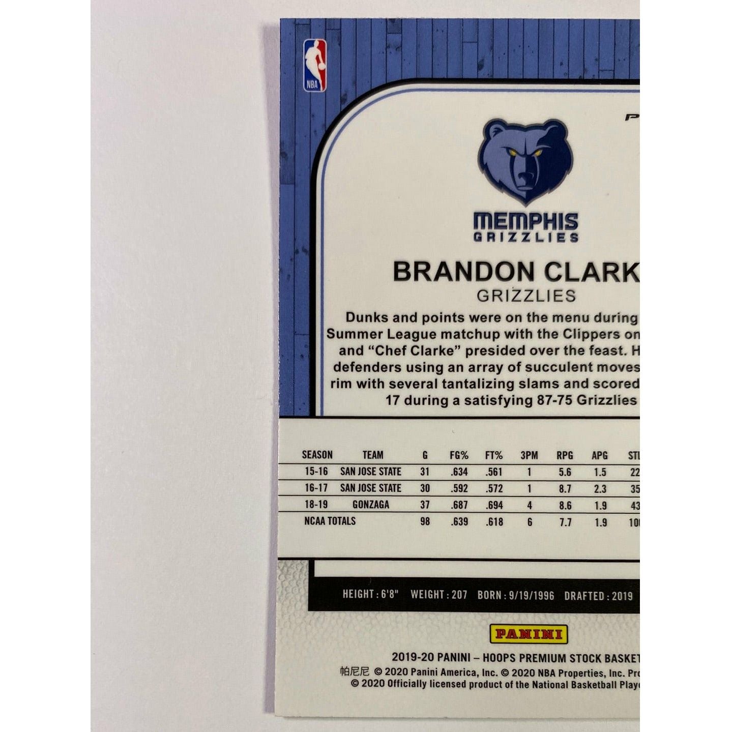 2019-20 Hoops Premium Stock Brandon Clarke Purple Fast Break Prizm RC