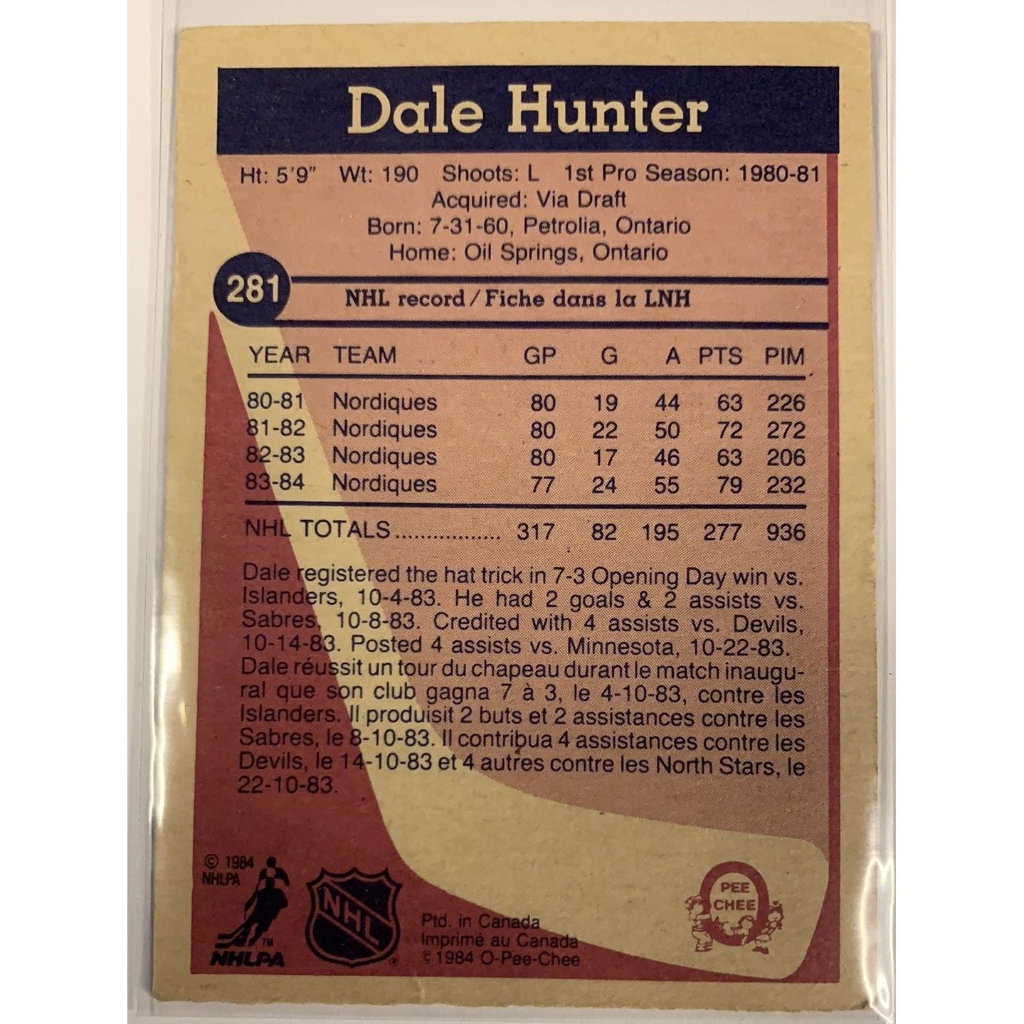  1984-85 O-Pee-Chee Dale Hunter Base #282  Local Legends Cards & Collectibles