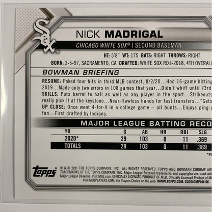  2021 Bowman Nick Madrigal RC #77  Local Legends Cards & Collectibles