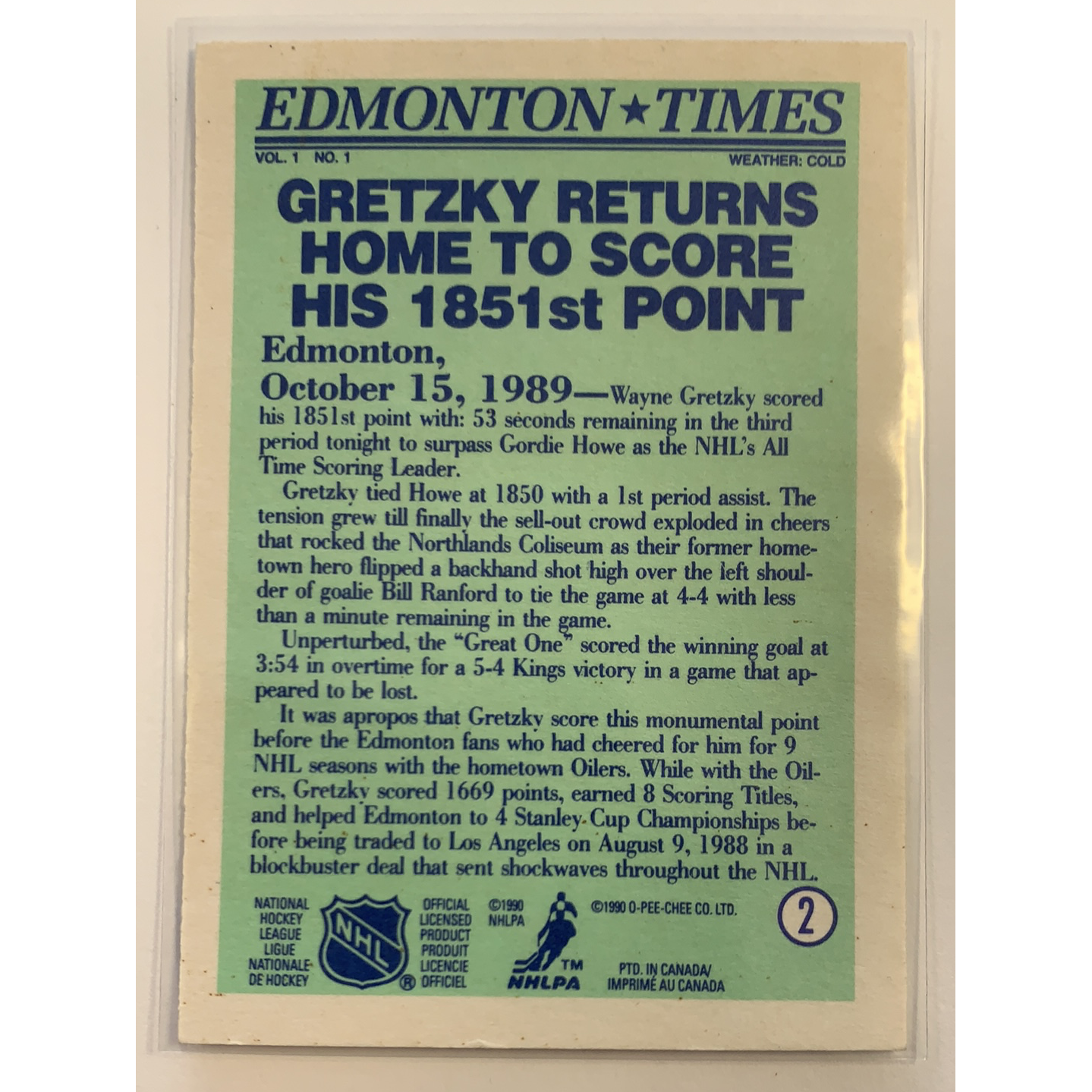  1989-90 O-Pee-Chee Wayne Gretzky Edmonton Times  Local Legends Cards & Collectibles