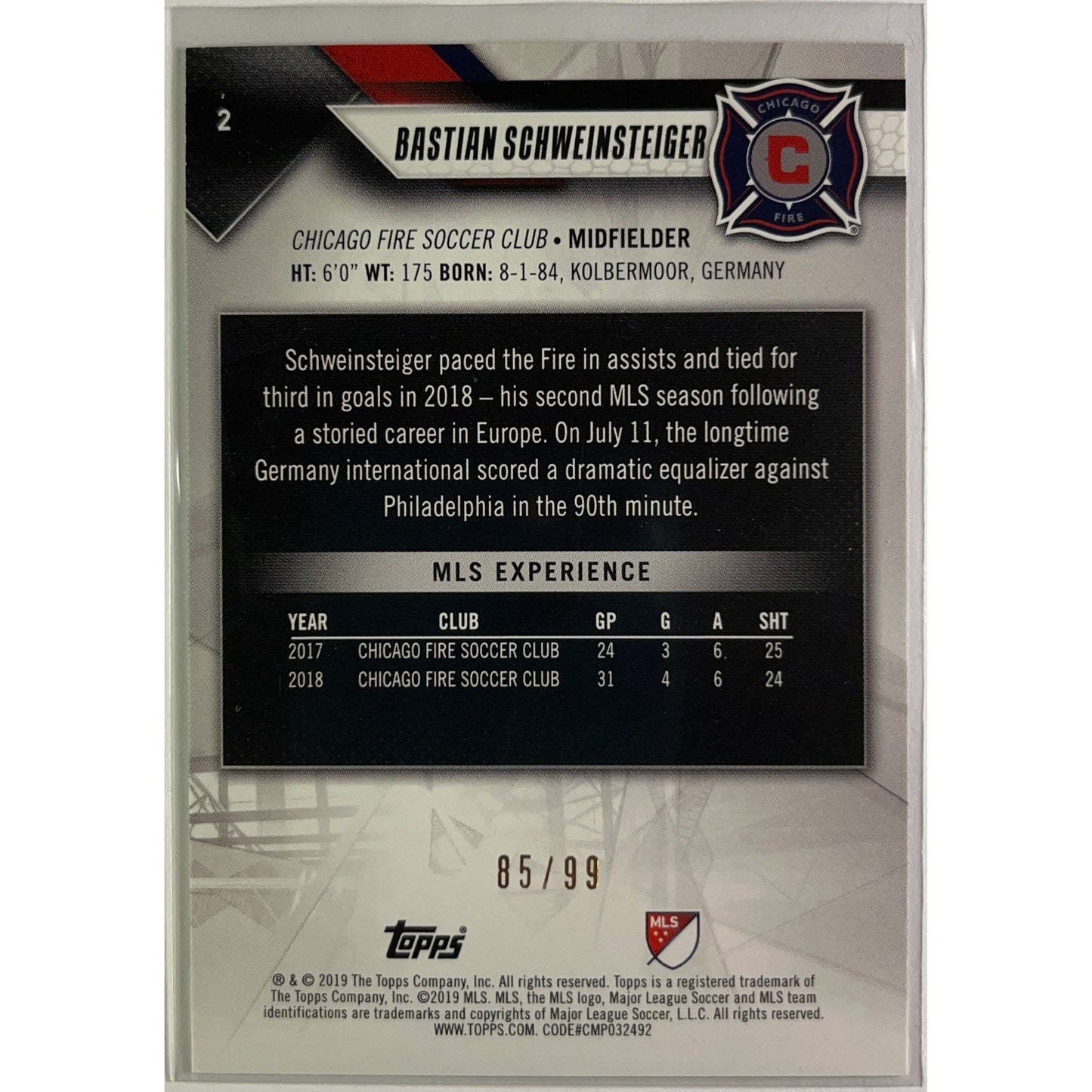 2019 Topps MLS Bastian Schweinsteiger /99
