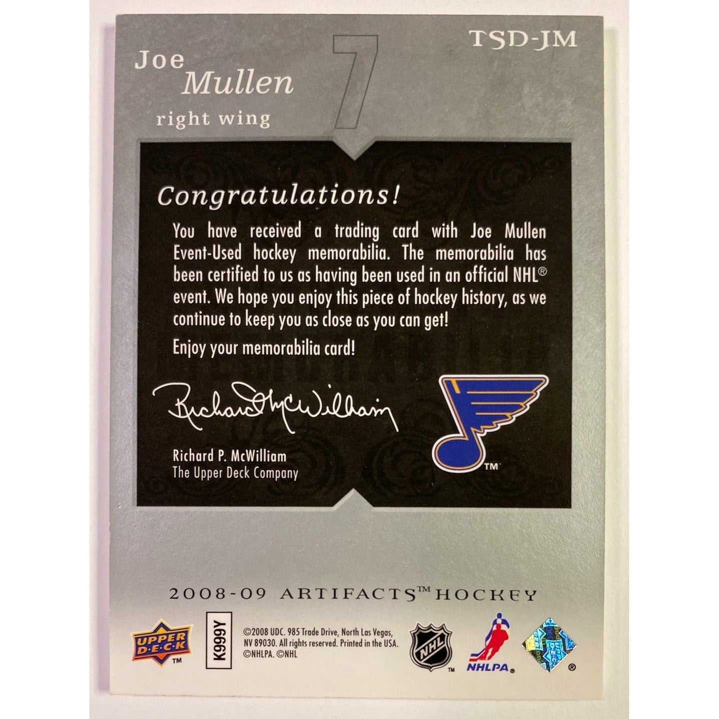 2008-09 Artifacts Joe Mullen Treasured Swatches Authentic Jersey & Patch /35