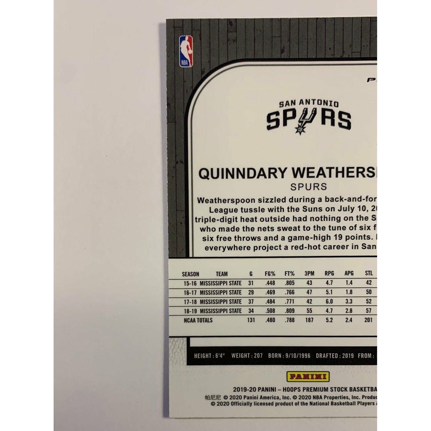 2019-20 Hoops Premium Stock Quinndary Weatherspoon Green Prizm RC