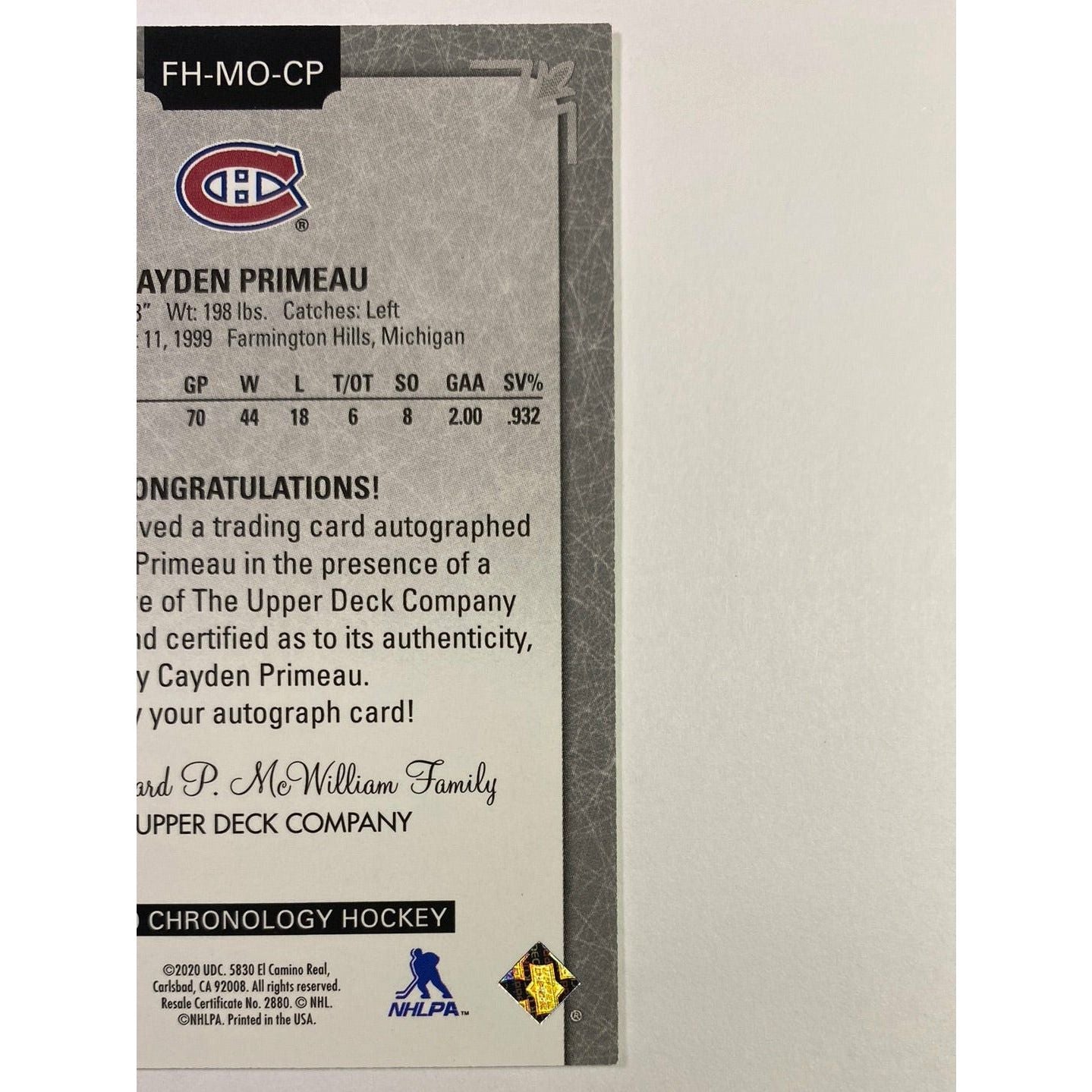2019-20 Chronology Cayden Primeau Rookie Auto