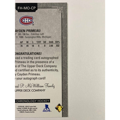 2019-20 Chronology Cayden Primeau Rookie Auto