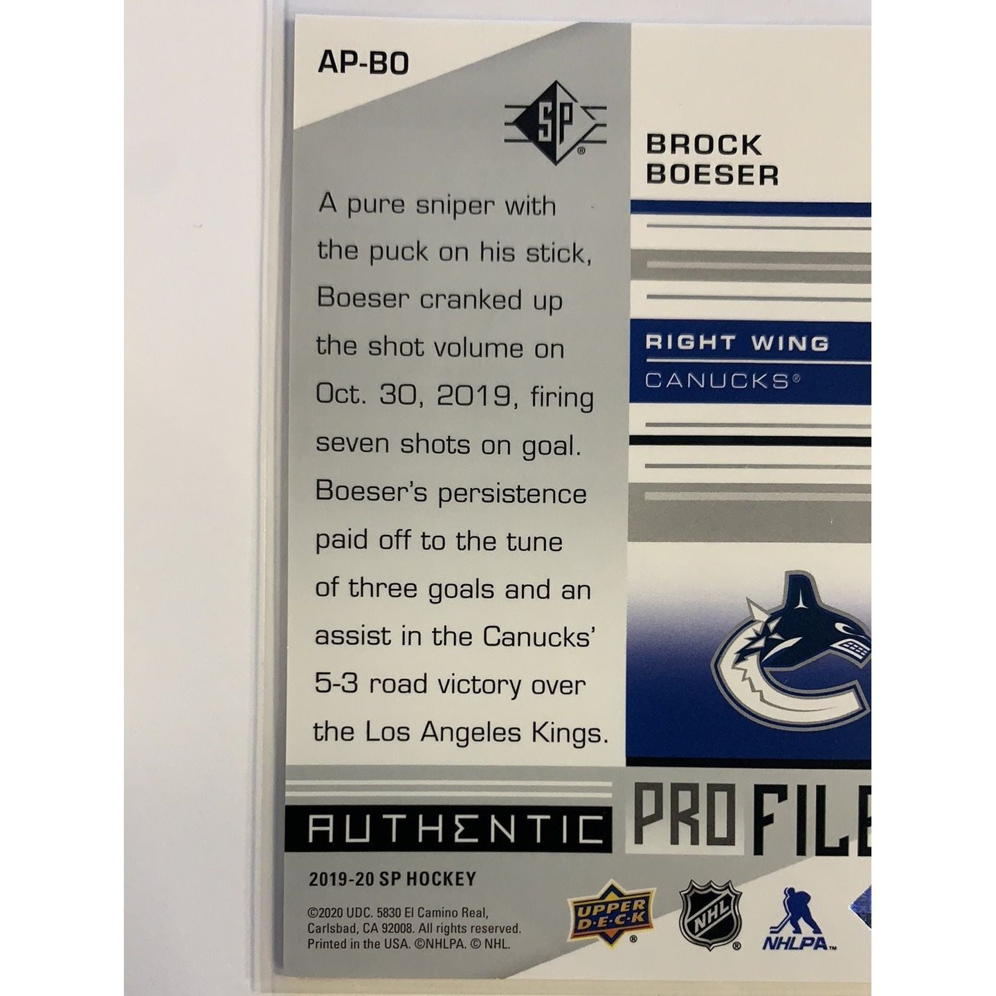  2019-20 SP Brock Boeser Authentic Pro Files  Local Legends Cards & Collectibles