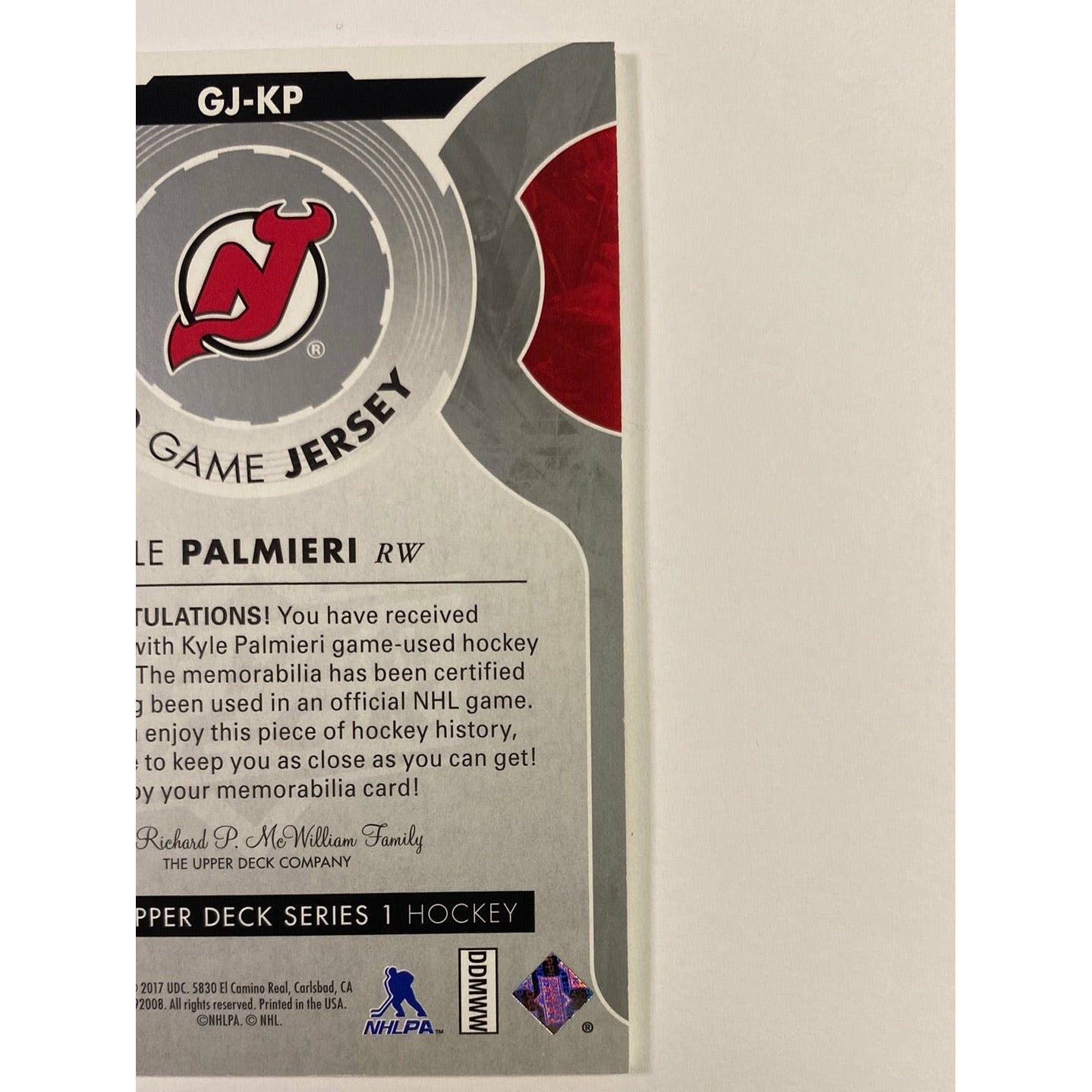 2017-18 Upper Deck Series 1 Kyle Palmieri UD Game Jersey