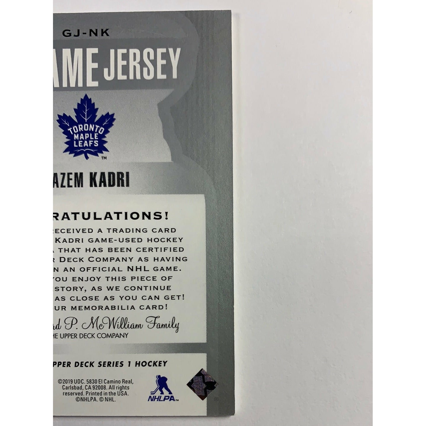 2019-20 UD Series 1 Nazem Kadri Game Jersey Toronto Maple Leafs GJ-NK