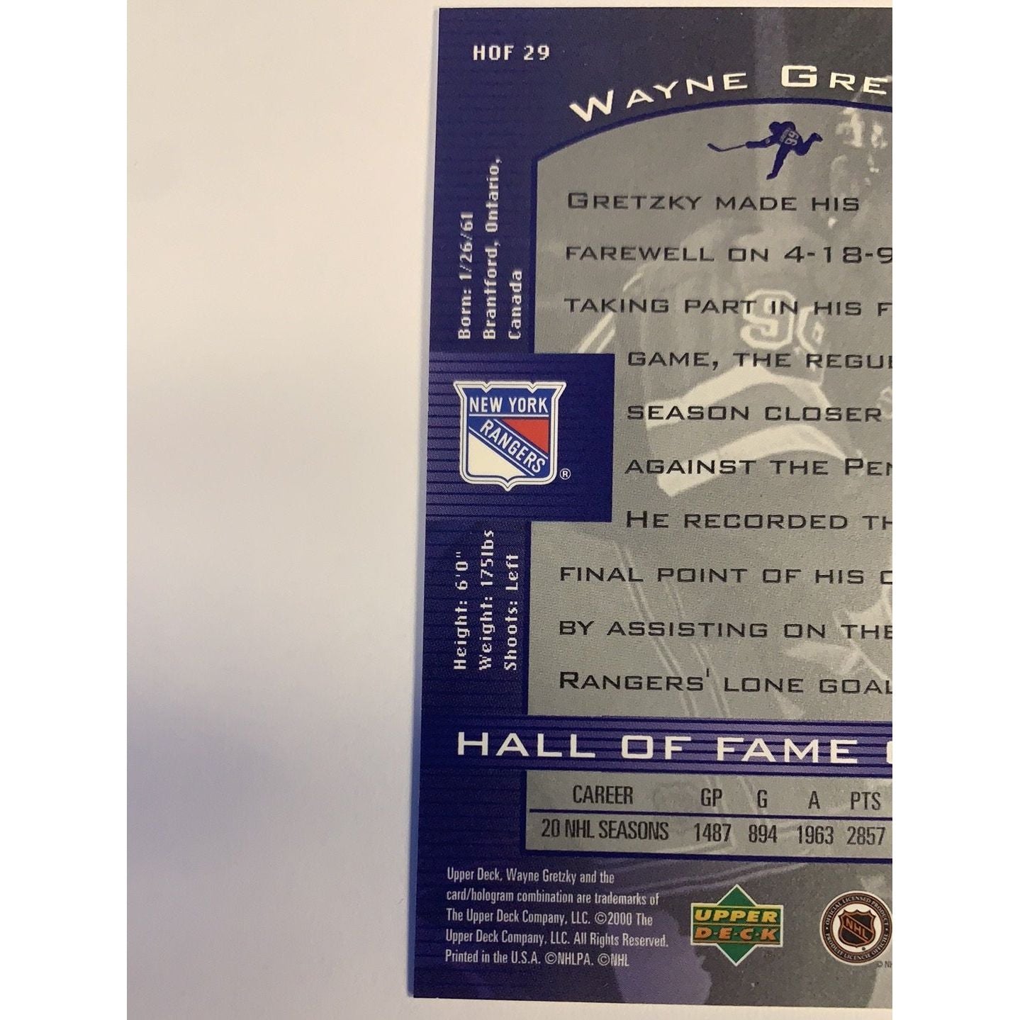  2000 Upper Deck Hall of Fame Career Wayne Gretzky HOF 29  Local Legends Cards & Collectibles