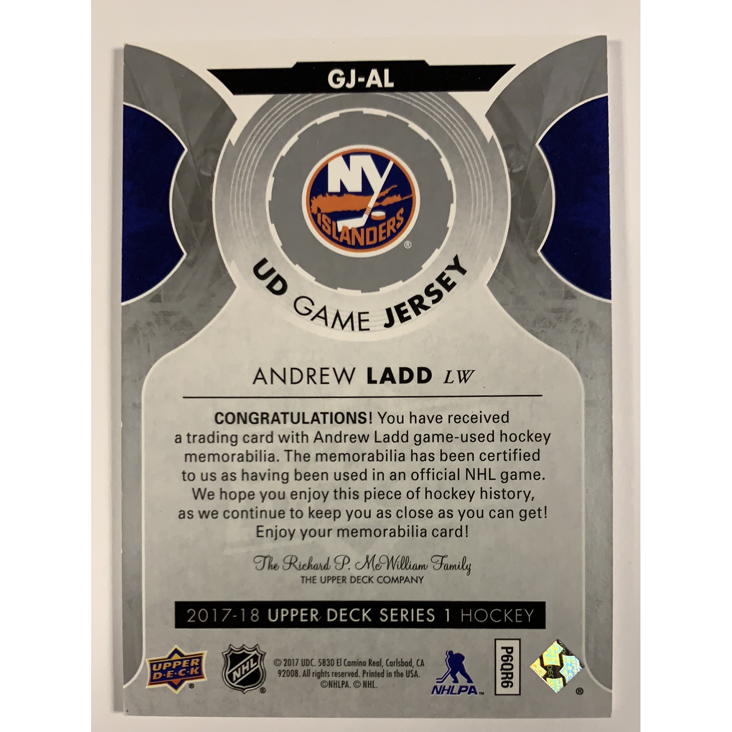  2017-18 Upper Deck Andrew Ladd Game Jersey  Local Legends Cards & Collectibles