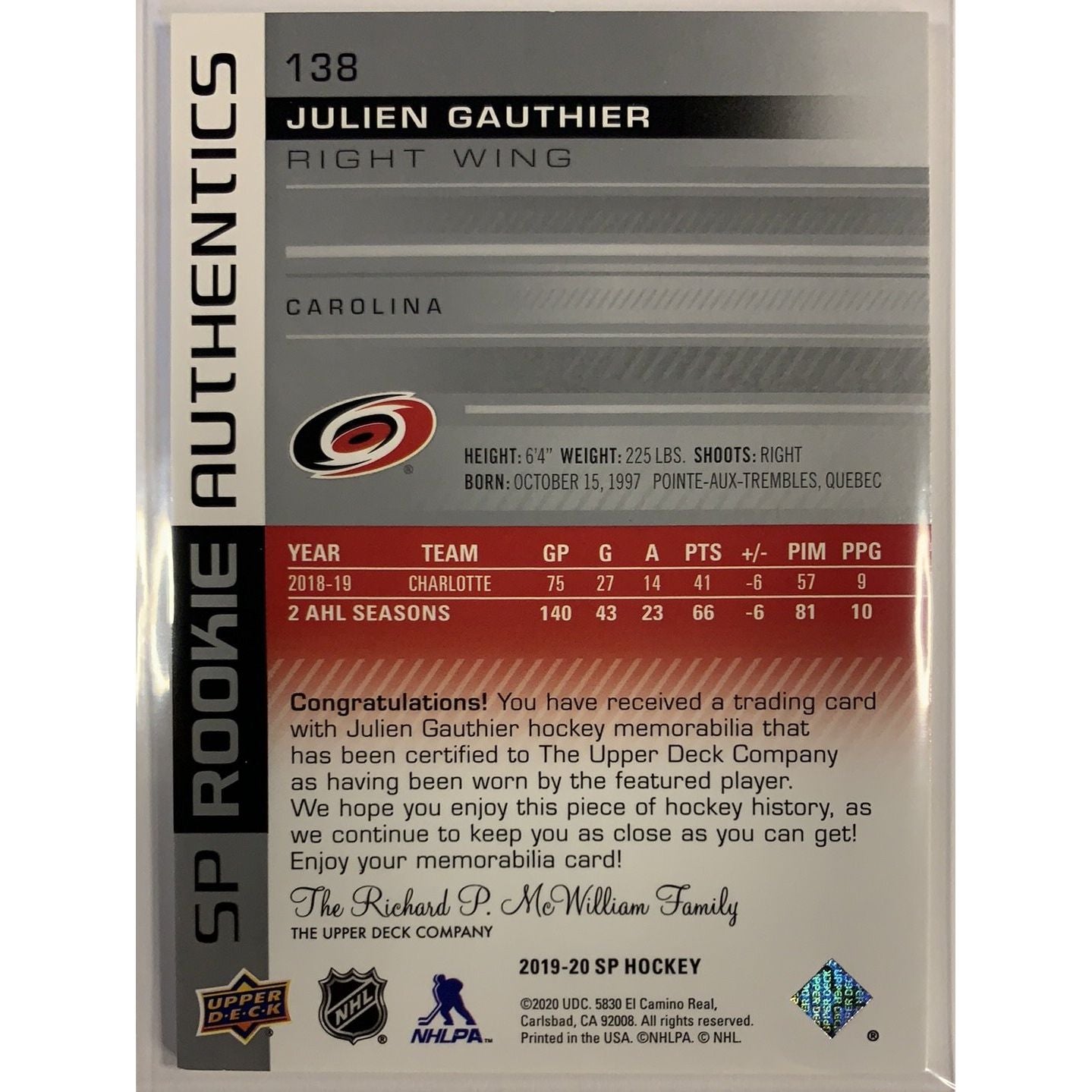  2019-20 SP Julien Gauthier Rookie Authentics Jersey Patch  Local Legends Cards & Collectibles