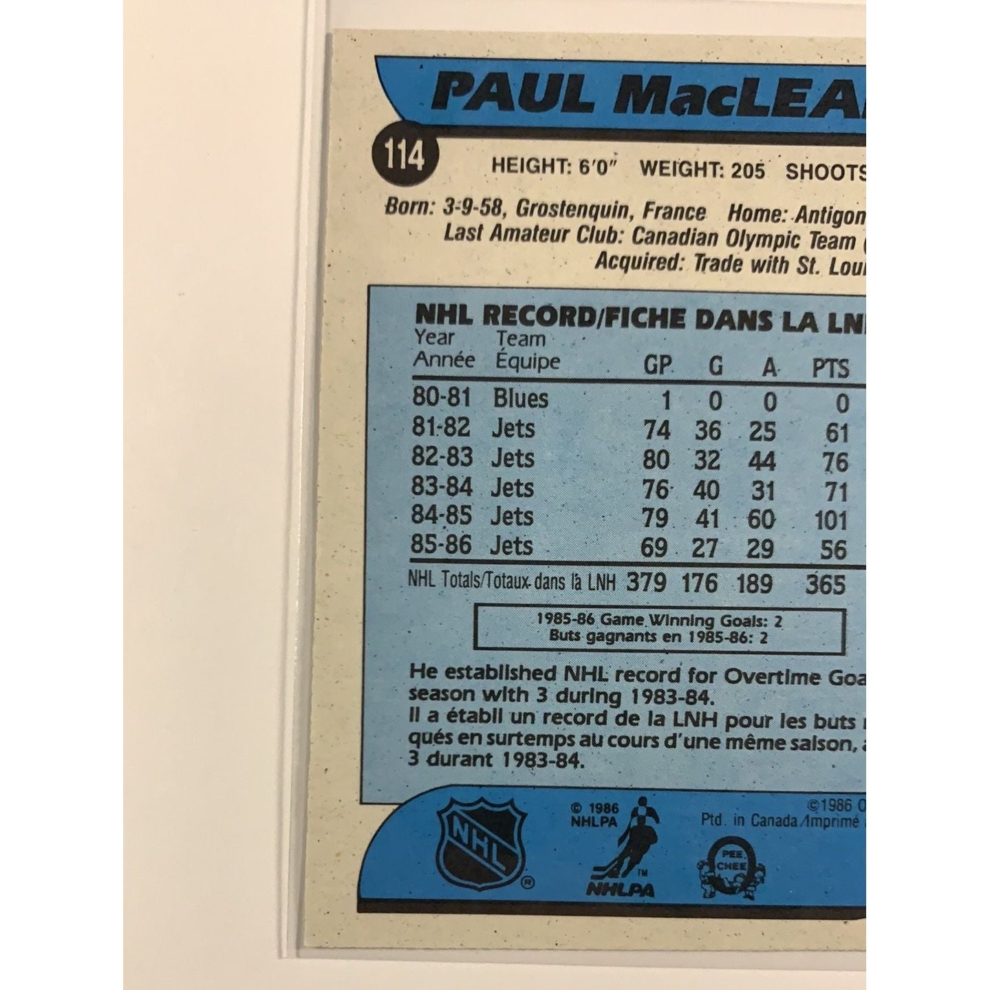  1986-87 O-Pee-Chee Paul Maclean base #114  Local Legends Cards & Collectibles